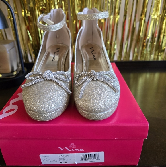 Nina Glittery Gold Shoes With Crystal Bow - Picture 1 of 5